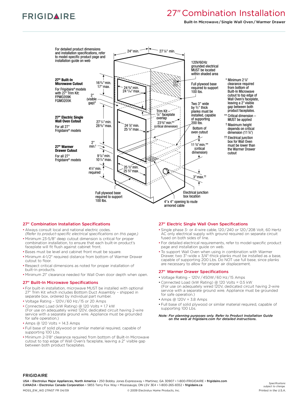 Frigidaire FGEW2745K dimensions Warmer Drawer Specifications 