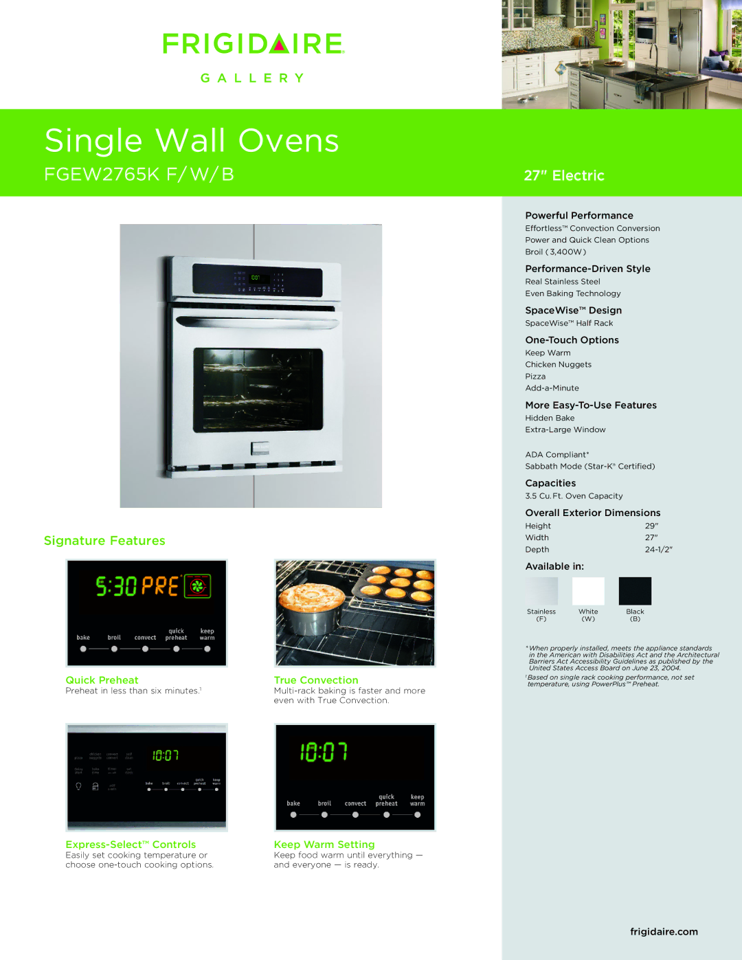 Frigidaire FGEW2765K dimensions Quick Preheat True Convection, Express-Select Controls Keep Warm Setting 