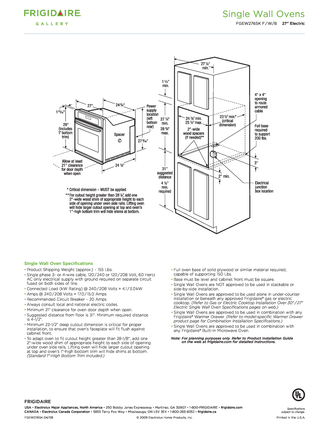 Frigidaire FGEW2765K dimensions Single Wall Oven Specifications, Frigidaire, Single Wall Ovens 