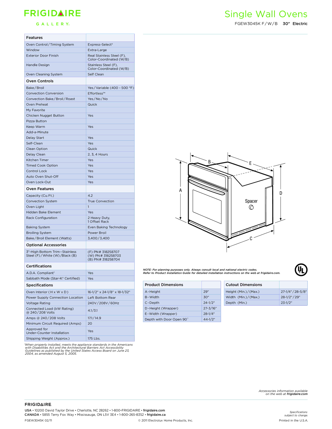 Frigidaire FGEW3045K F/W/B dimensions Single Wall Ovens 