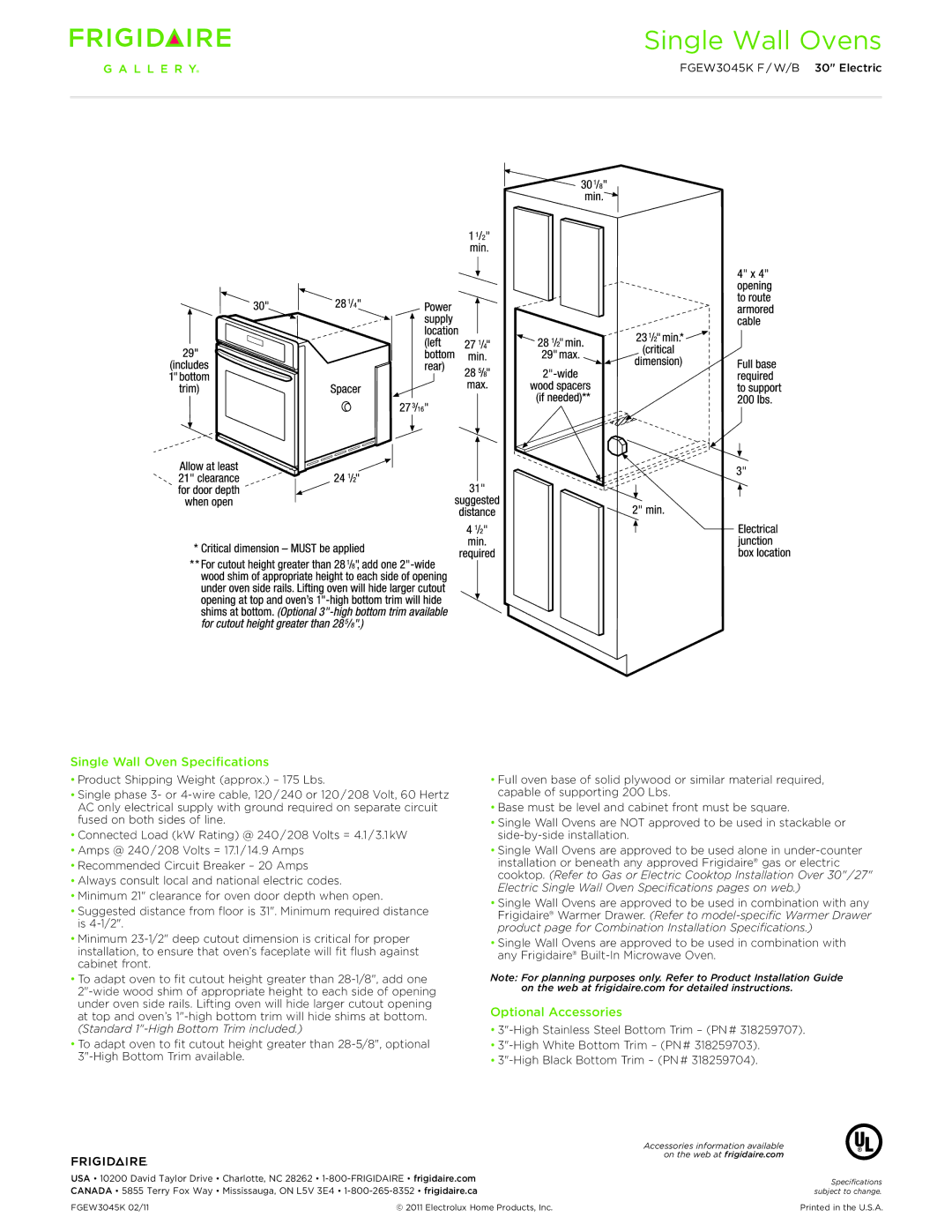 Frigidaire FGEW3045K F/W/B dimensions Single Wall Oven Specifications 