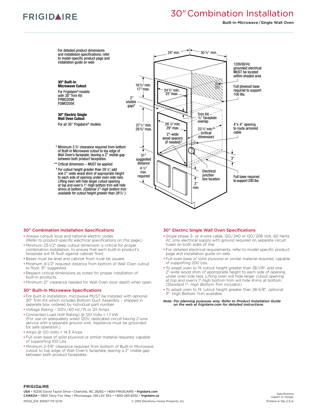 Frigidaire FGEW3045K F/W/B dimensions Combination Installation 