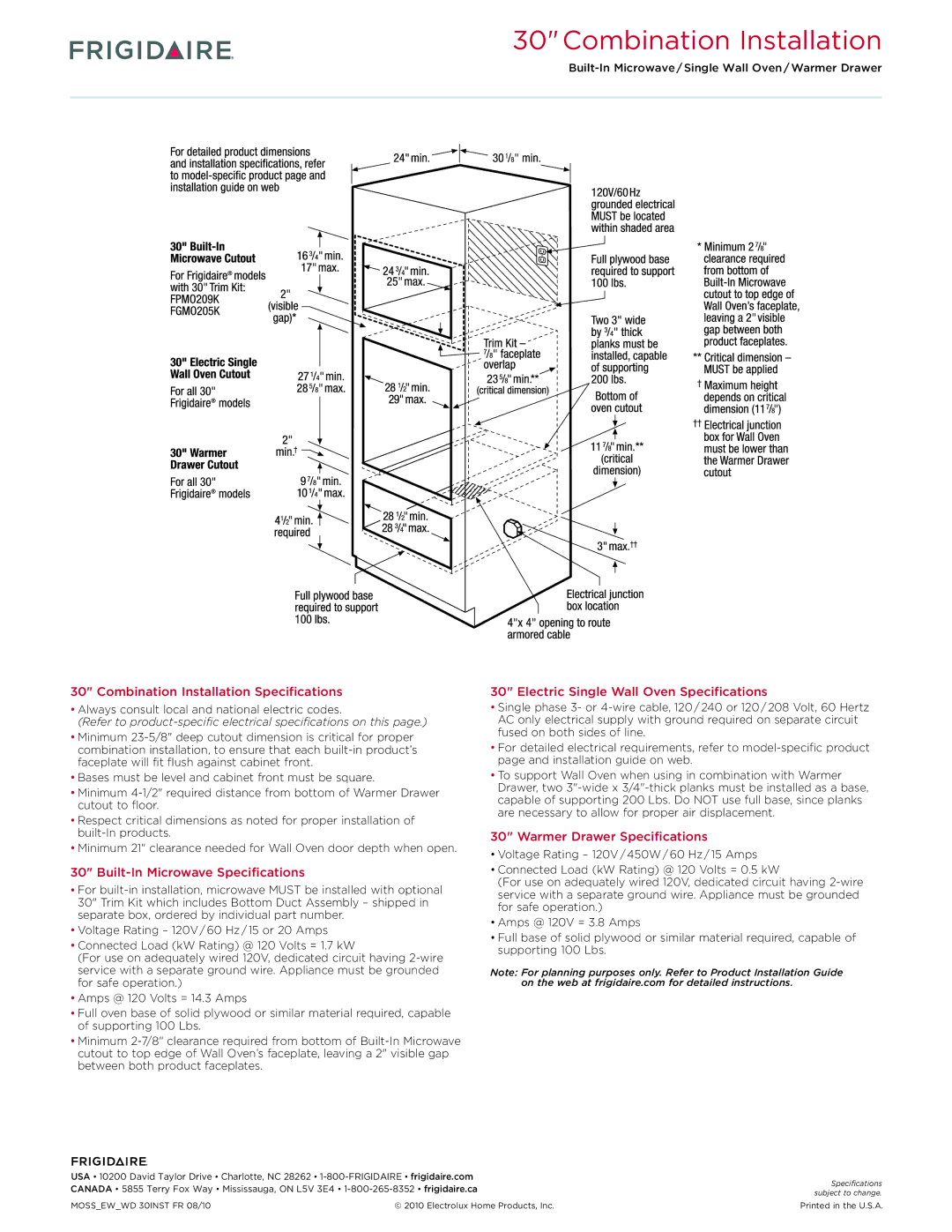 Frigidaire FGEW3045K F/W/B dimensions Warmer Drawer Specifications 