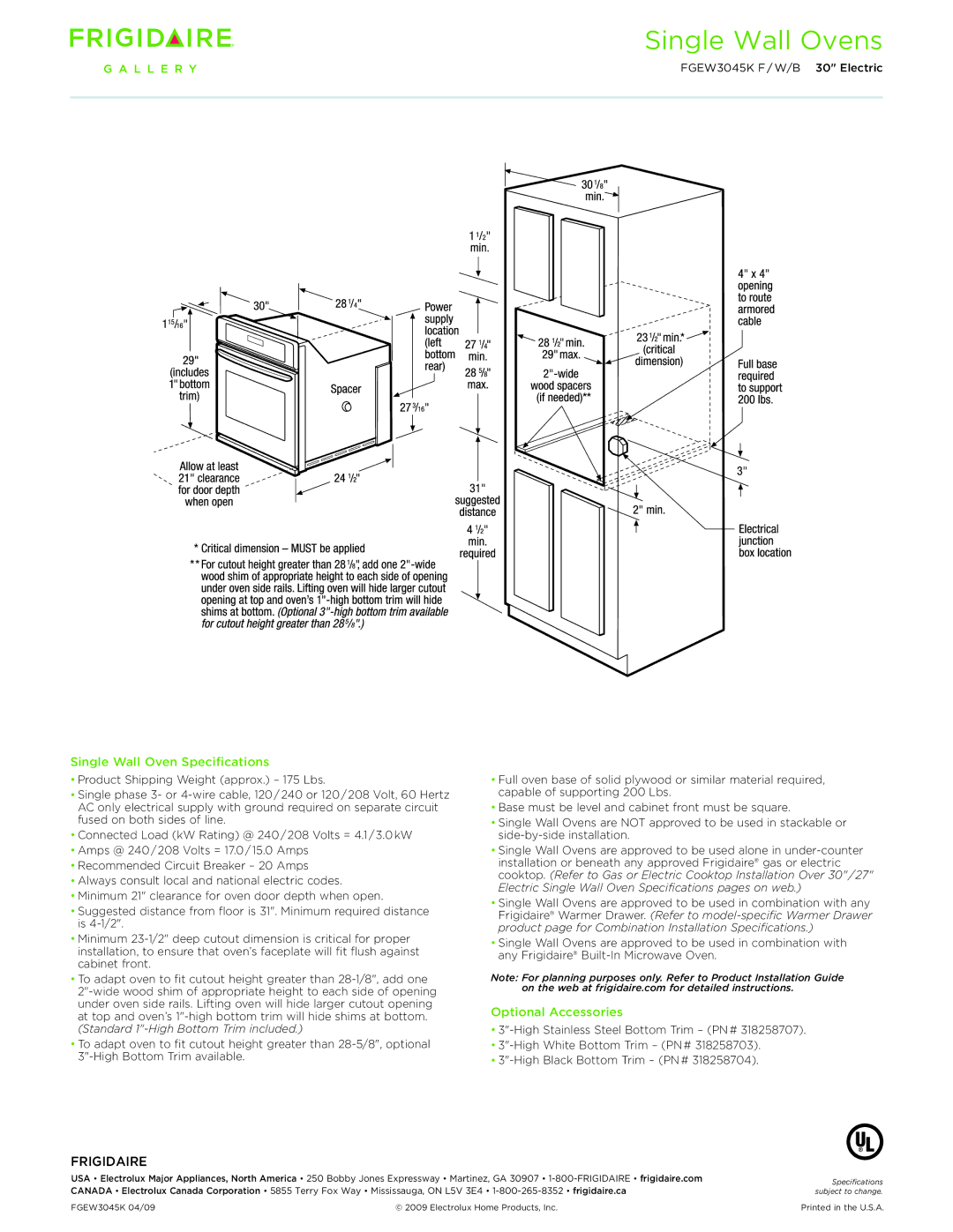 Frigidaire FGEW3045KB, FGEW3045KF, FGEW3045KW dimensions Single Wall Ovens 