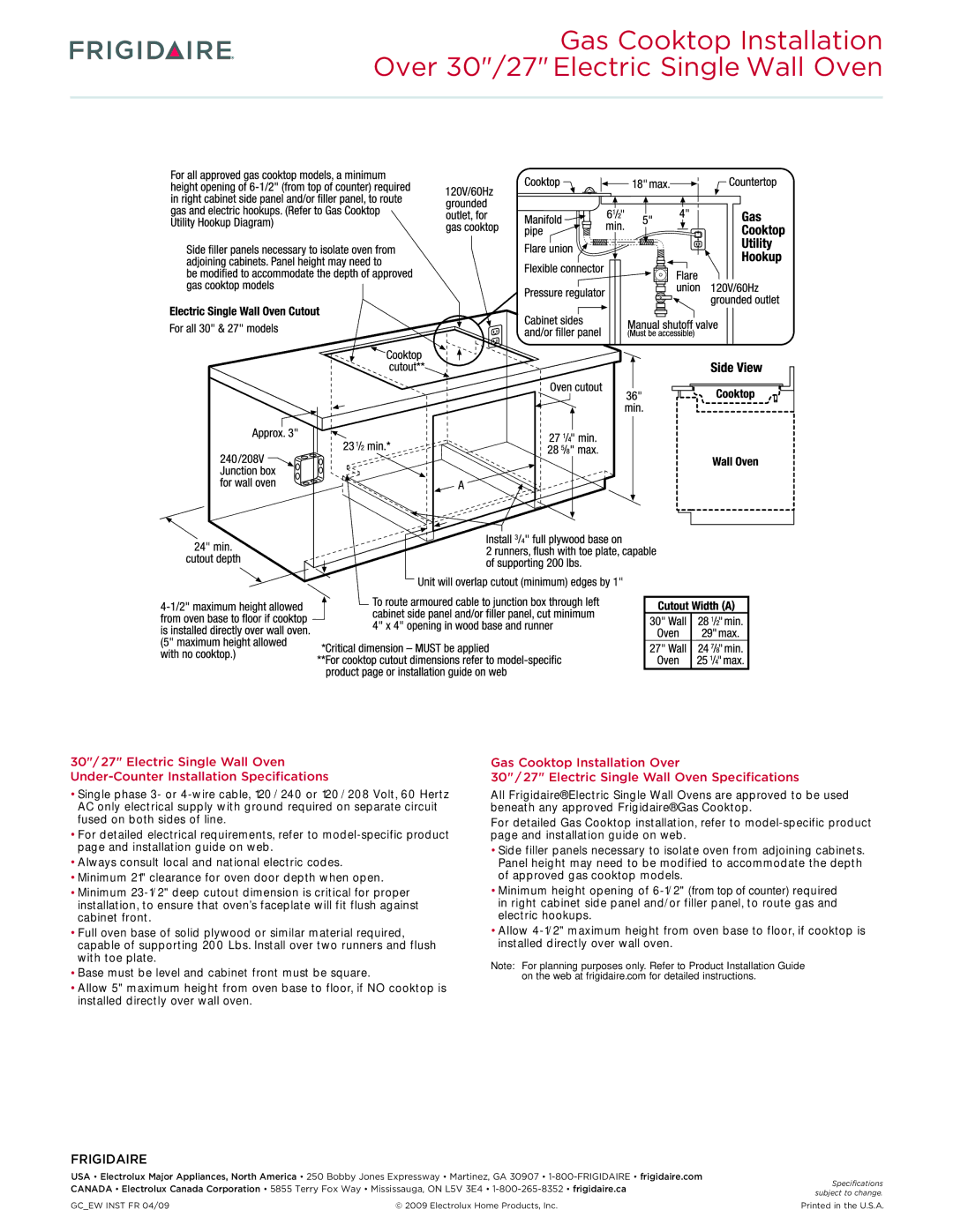 Frigidaire FGEW3045KF, FGEW3045KW, FGEW3045KB dimensions Gcew Inst FR 04/09 