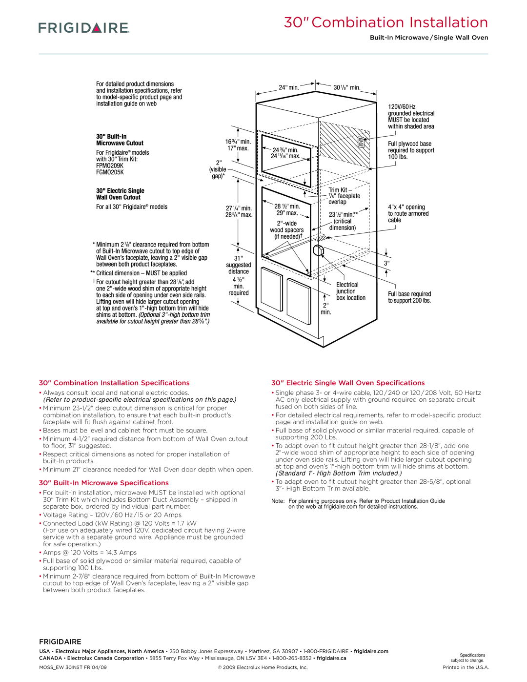 Frigidaire FGEW3045KW, FGEW3045KF, FGEW3045KB dimensions Combination Installation 