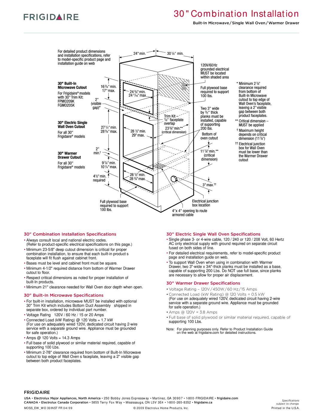 Frigidaire FGEW3045KB, FGEW3045KF, FGEW3045KW dimensions Warmer Drawer Specifications 