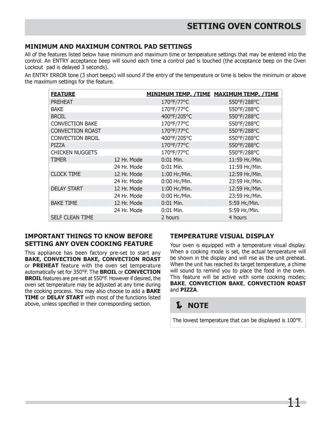 Frigidaire FGEW2765KF manual Setting Oven controls, Minimum and Maximum Control Pad Settings, Temperature Visual Display 