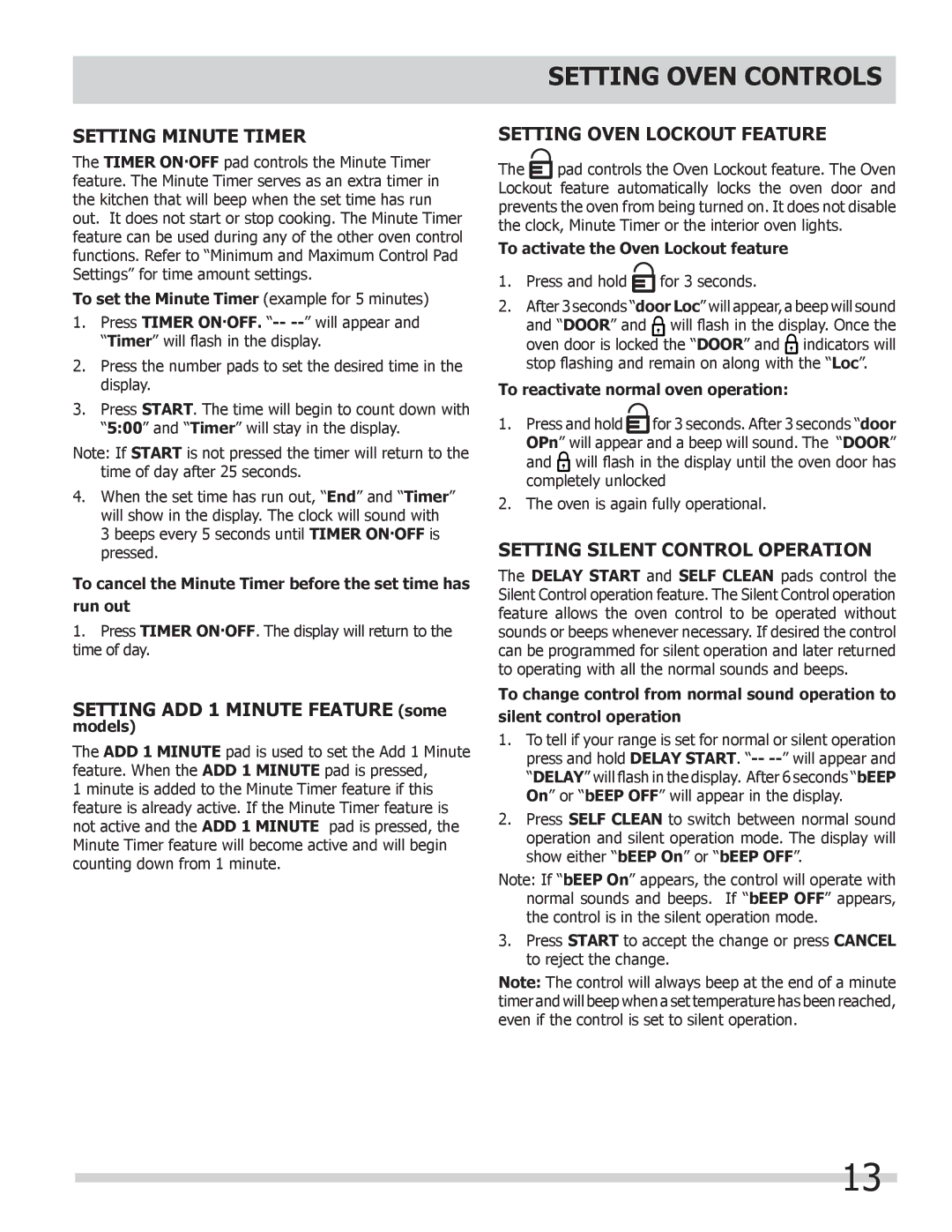 Frigidaire FGEW2765KW, FGEW3065KB Setting Minute Timer, Setting Oven Lockout Feature, Setting Silent Control Operation 