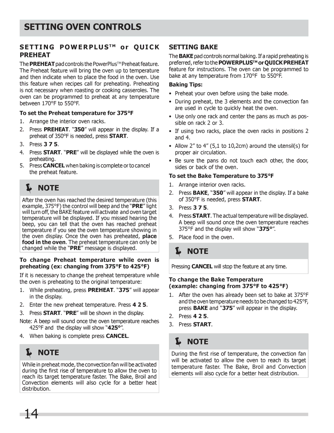 Frigidaire 318205312 manual Setting Powerplus T M or Quick Preheat, Setting Bake, To set the Preheat temperature for 375F 