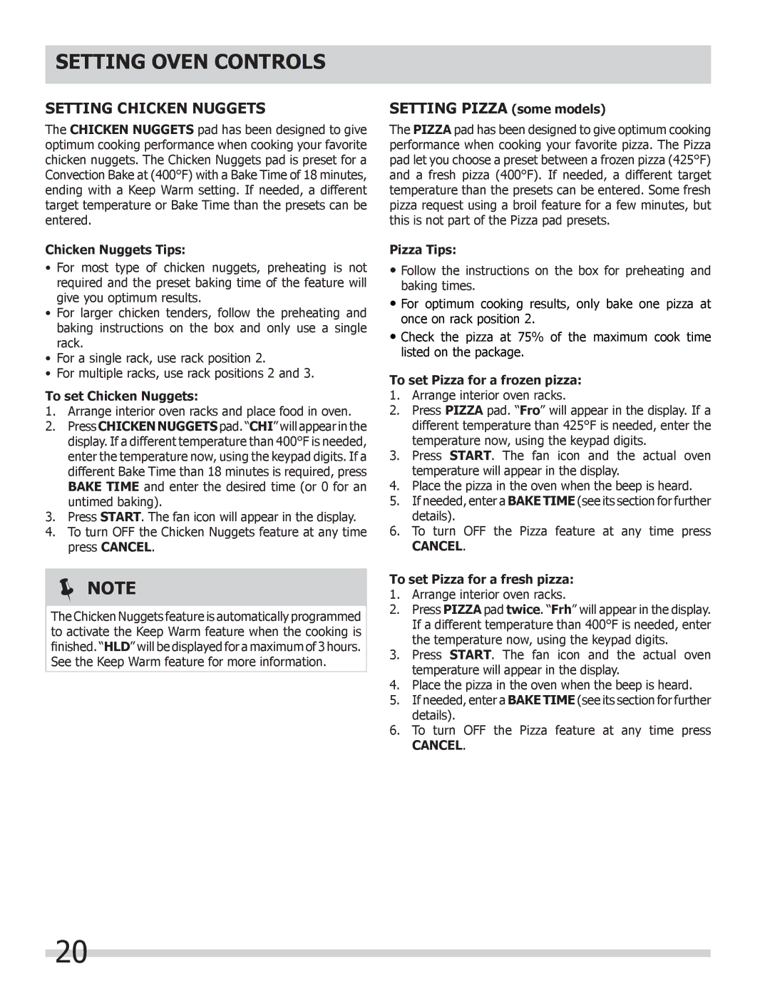 Frigidaire FGEW3045KF, FGEW3065KB, FPEW2785KF, FGEW3065KW, FPEW3085KF manual Setting Chicken Nuggets, Setting Pizza some models 