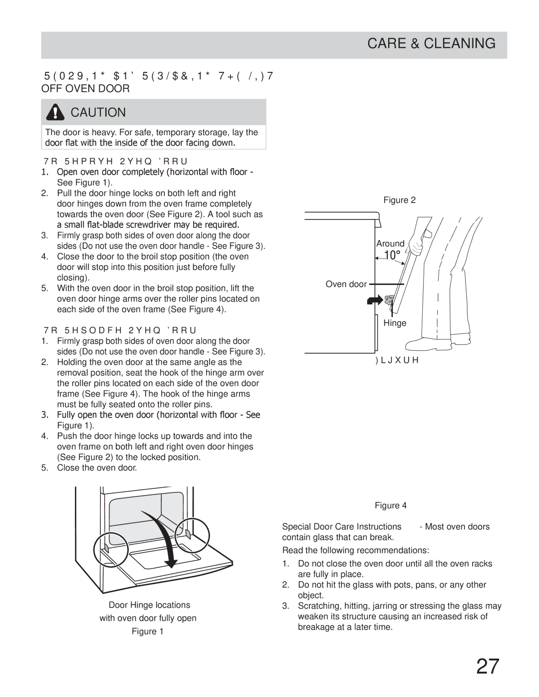 Frigidaire FGEW2745KB, FGEW3065KB manual Care & Cleaning, Removing and Replacing the Lift Off Oven Door, To Remove Oven Door 