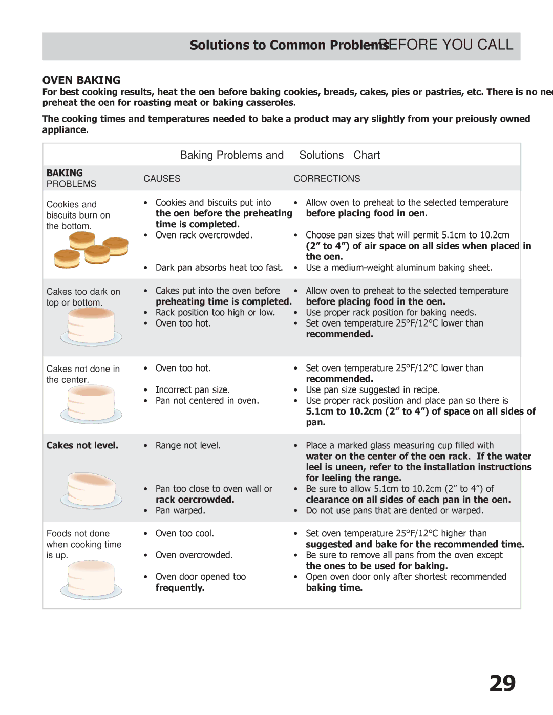 Frigidaire 318205312, FGEW3065KB, FPEW2785KF, FGEW3065KW, FPEW3085KF manual Oven Baking, Baking Problems and Solutions Chart 