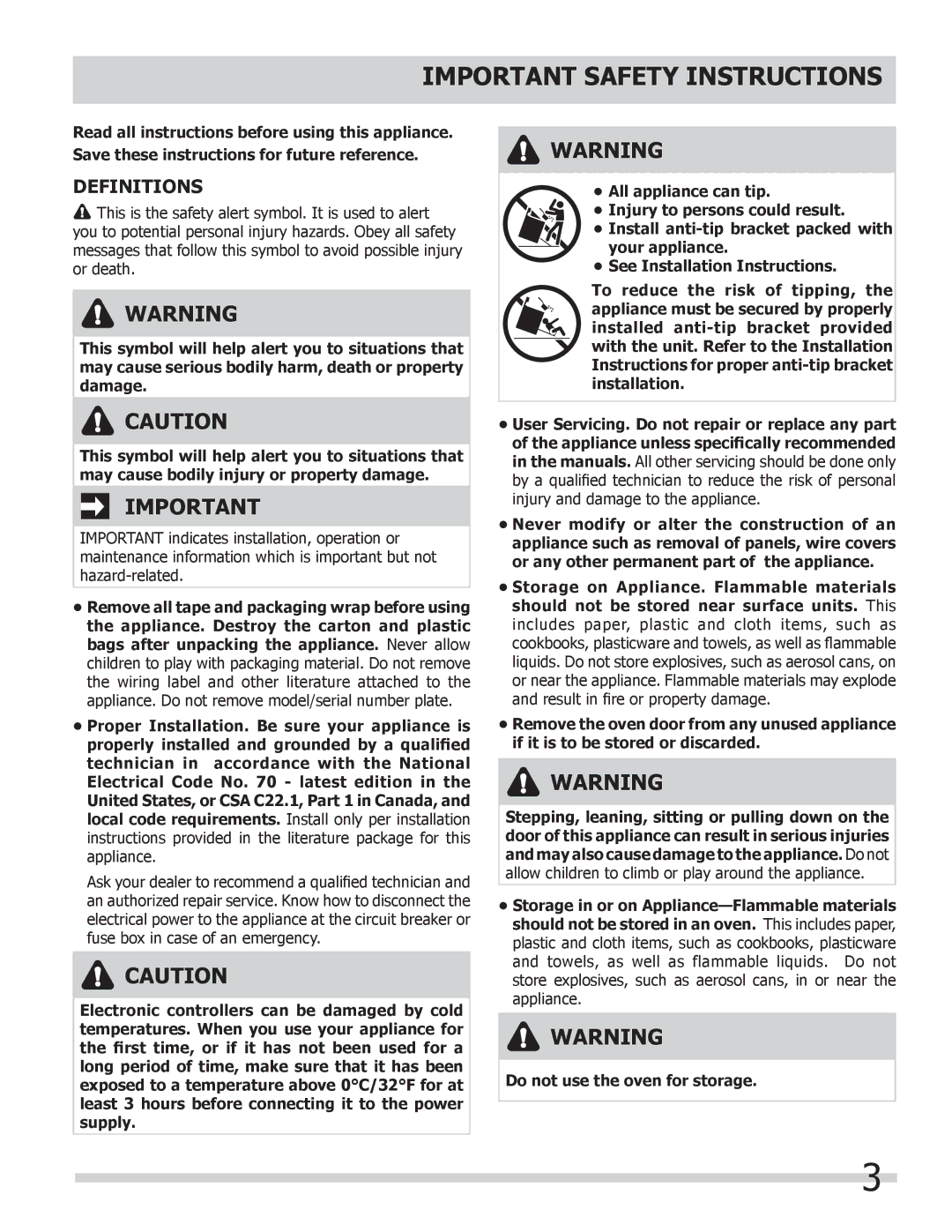 Frigidaire FPEW3085KF, FGEW3065KB, FPEW2785KF, FGEW3065KW, FGEW3065KF, FGEW3045KF Important Safety Instructions, Definitions 