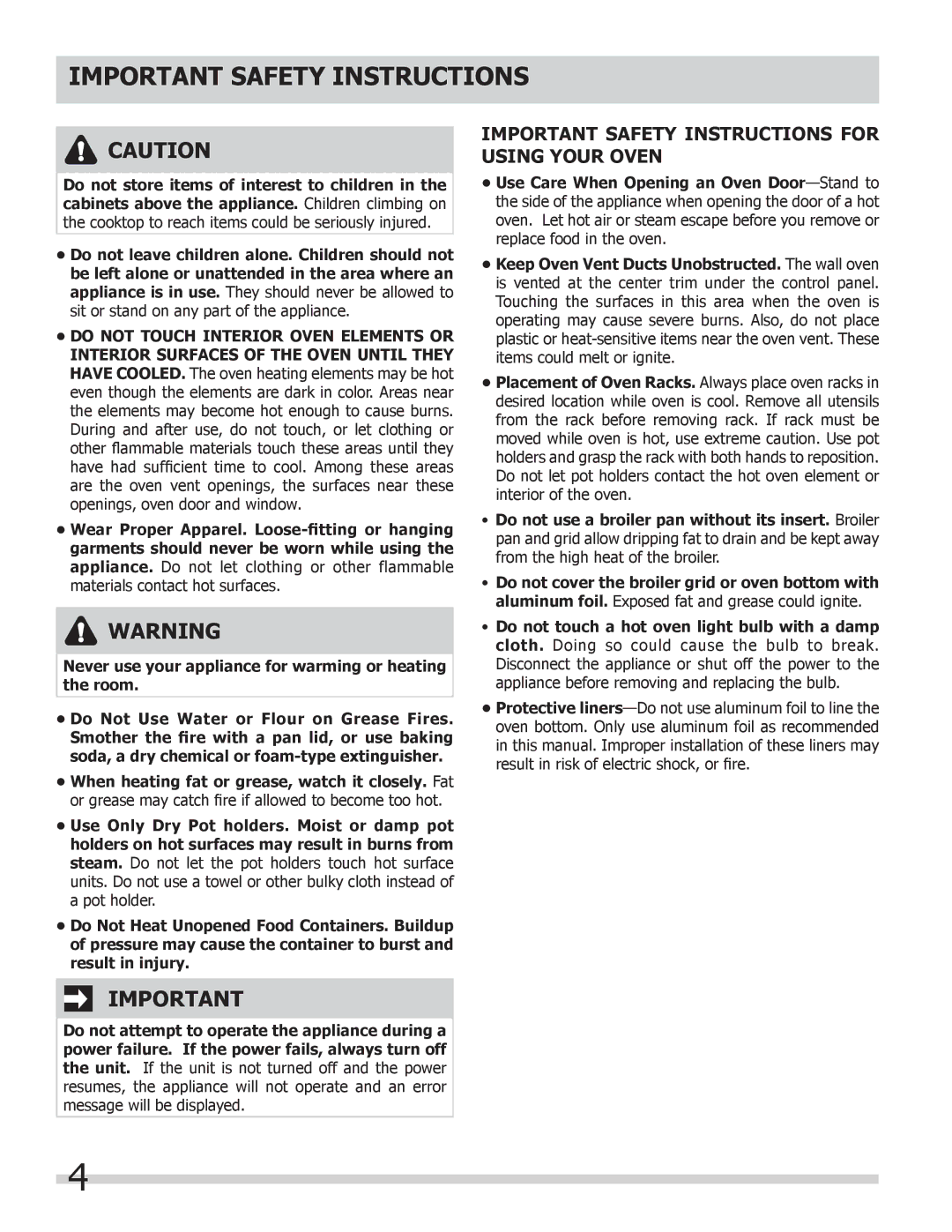 Frigidaire FGEW3065KF, 318205312 Important Safety Instructions for Using Your Oven, Do not Touch Interior Oven Elements or 