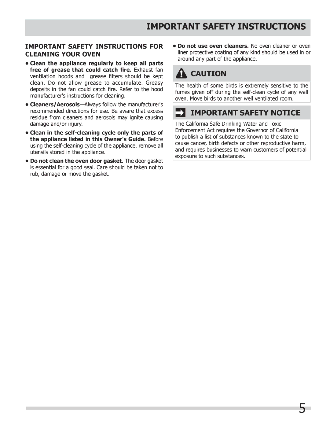 Frigidaire FGEW3045KF, FGEW3065KB, FPEW2785KF Important Safety Notice, Important Safety Instructions for Cleaning Your Oven 