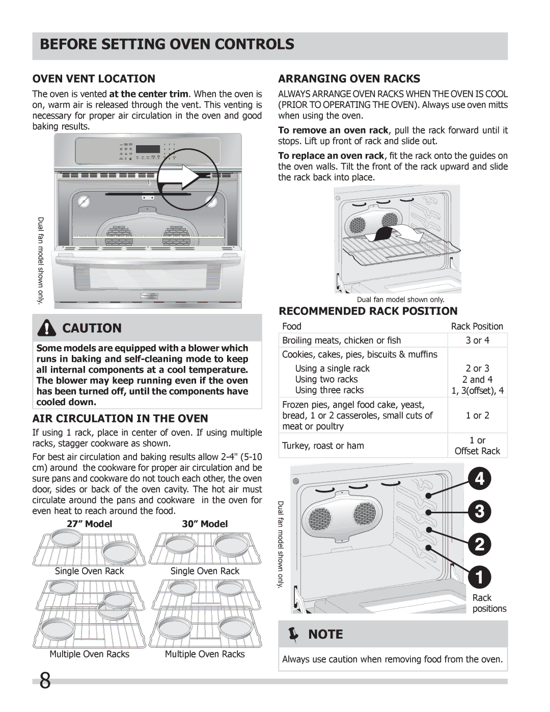 Frigidaire FGEW3045KB Before Setting Oven Controls, Oven Vent Location, Air Circulation in the Oven, Arranging Oven Racks 