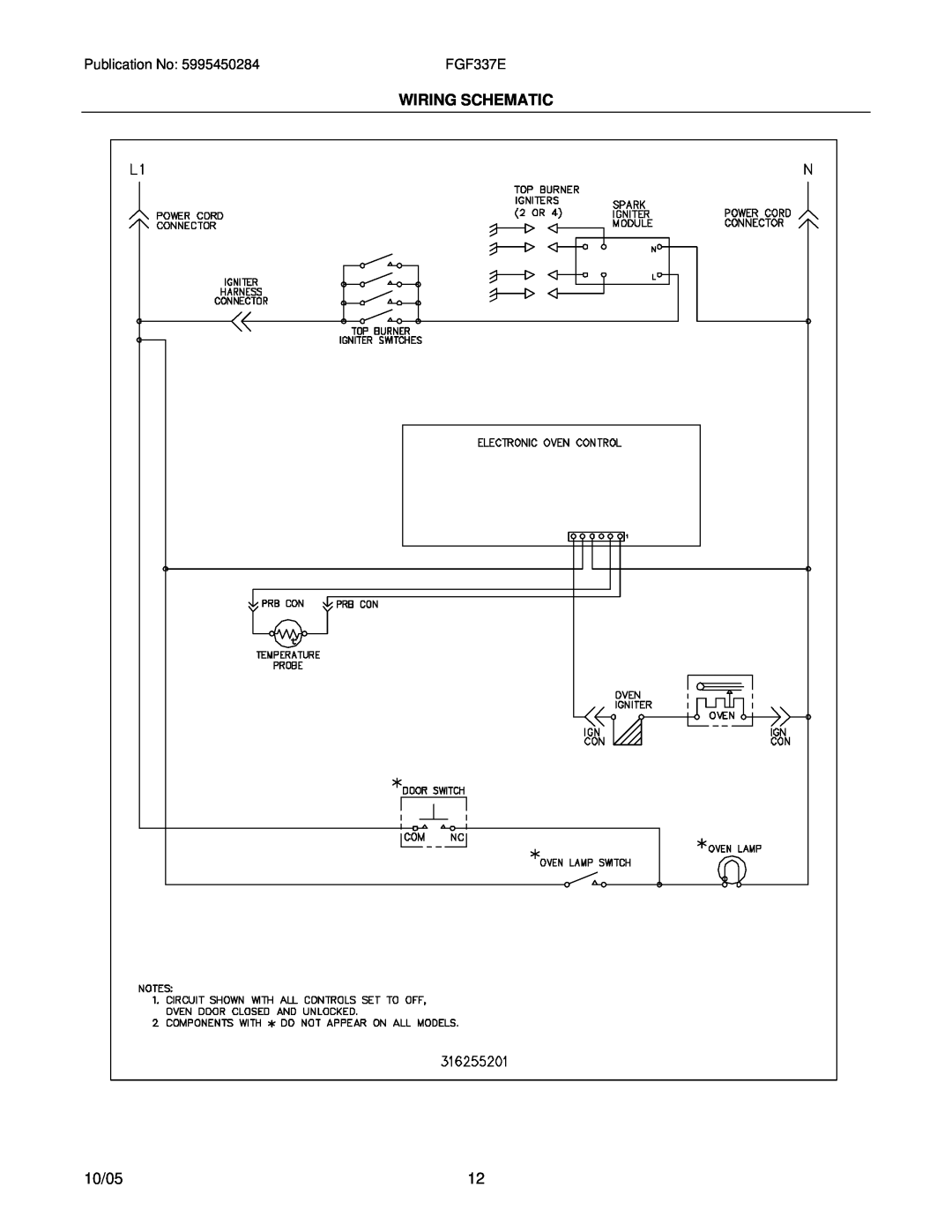 Frigidaire FGF337E installation instructions Wiring Schematic, 10/05 