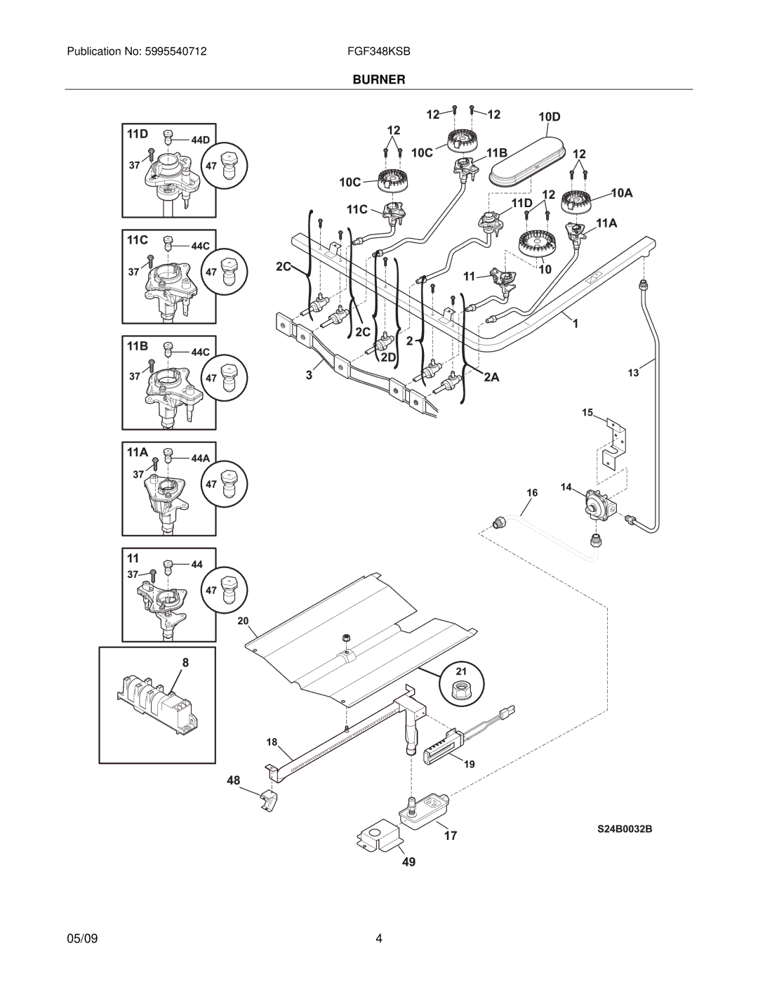 Frigidaire FGF348KSB installation instructions Burner 