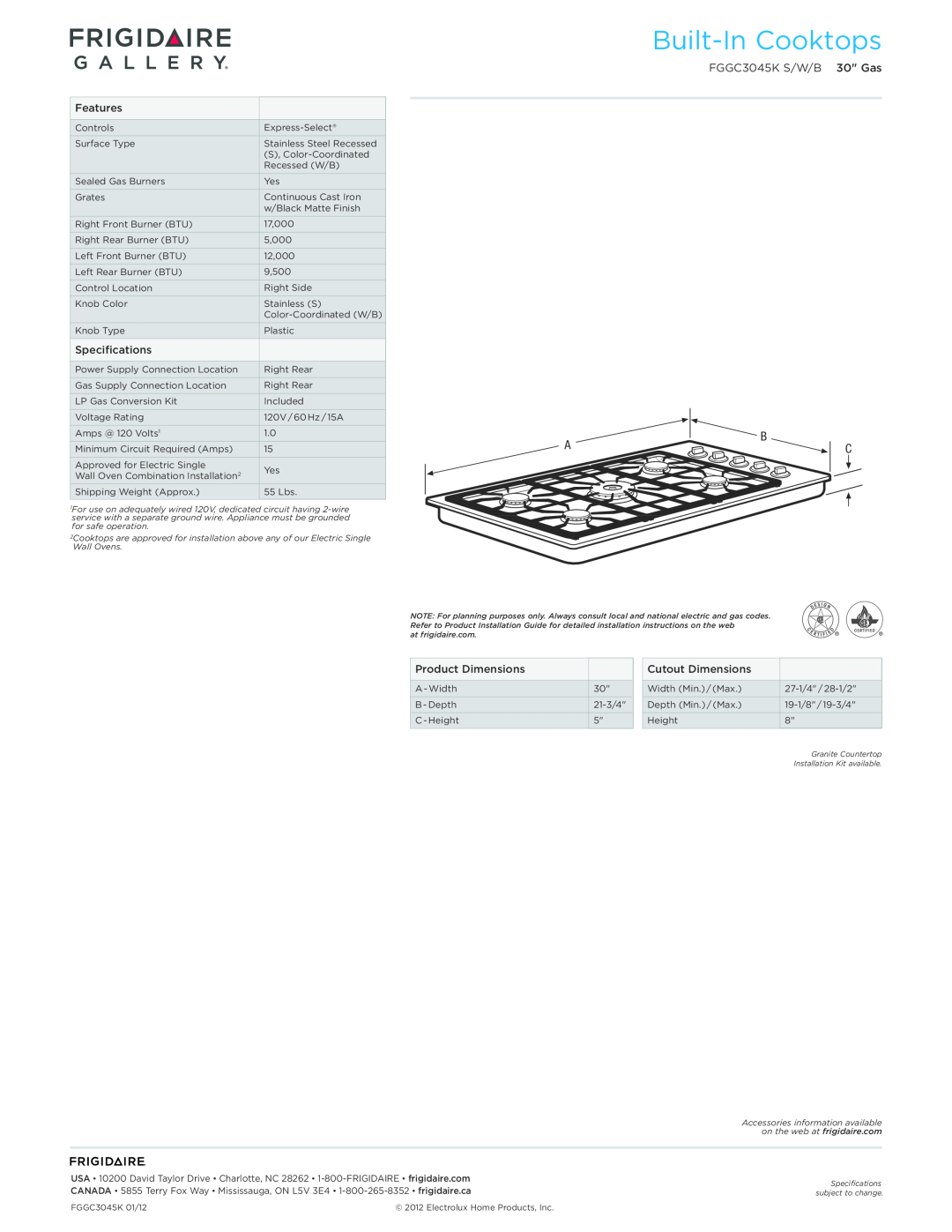 Frigidaire FGGC3045K S/W/B dimensions Built-InCooktops 