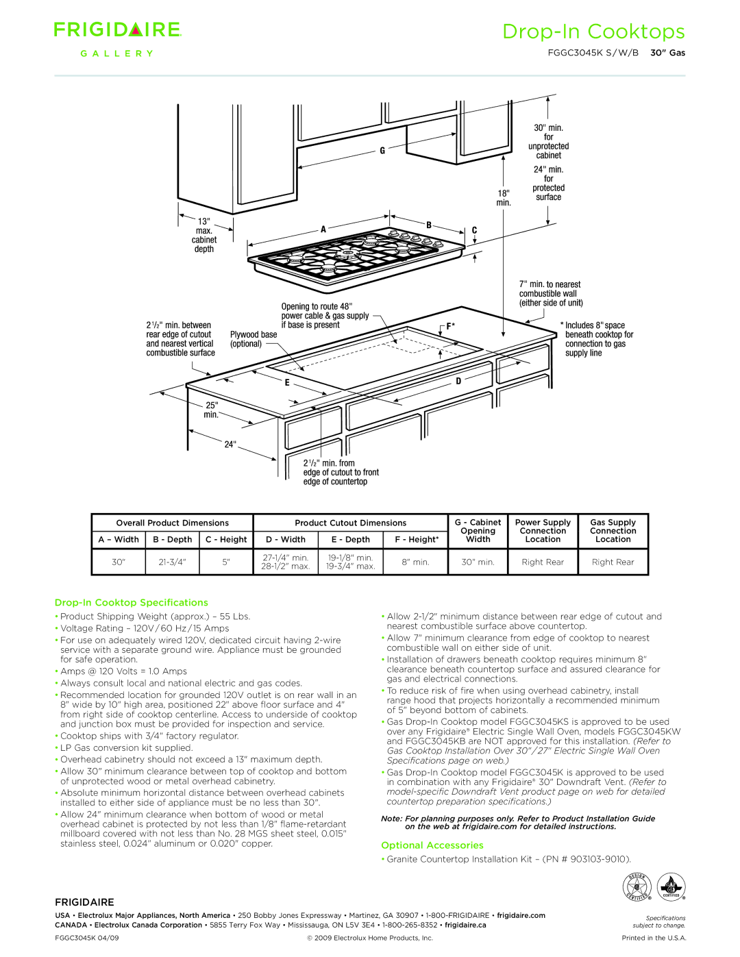 Frigidaire FGGC3045K dimensions Drop-In Cooktop Specifications, Optional Accessories 