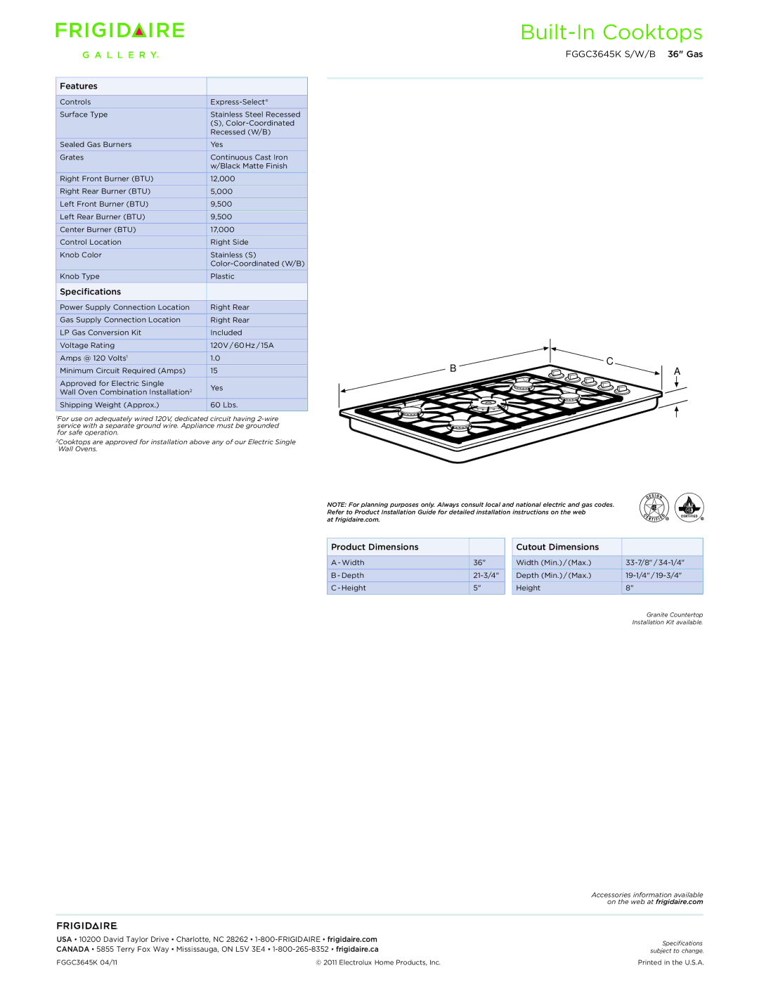 Frigidaire manual Built-In Cooktops, FGGC3645K S/W/B 36 Gas 