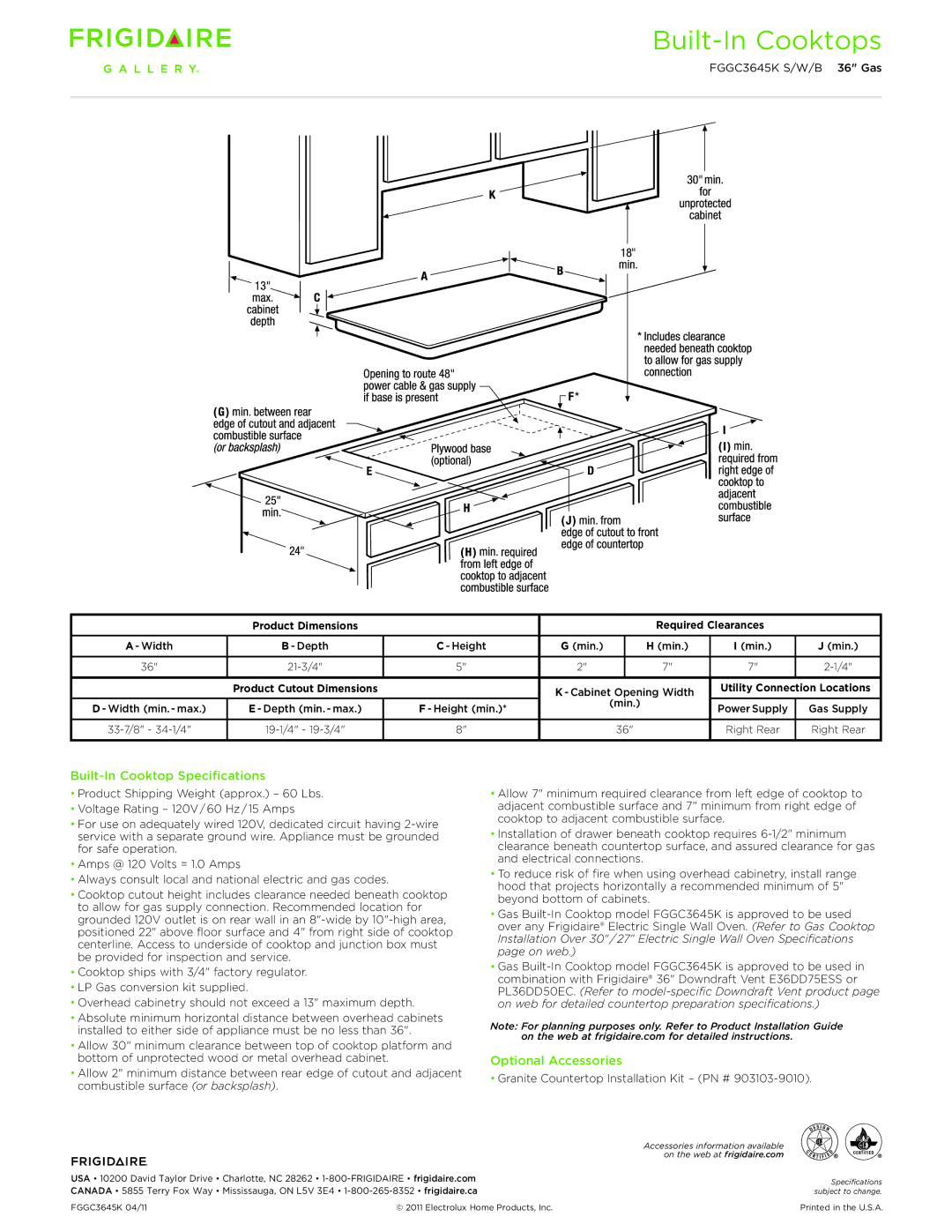 Frigidaire FGGC3645K S/W/B Built-In Cooktop Specifications, Optional Accessories, Granite Countertop Installation Kit PN # 