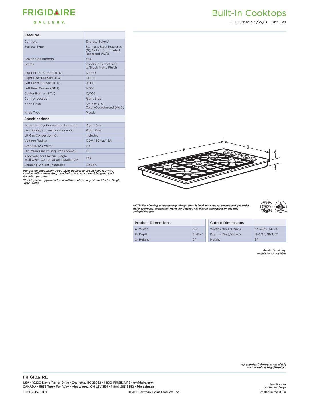 Frigidaire FGGC3645K S/W/B manual Built-InCooktops 