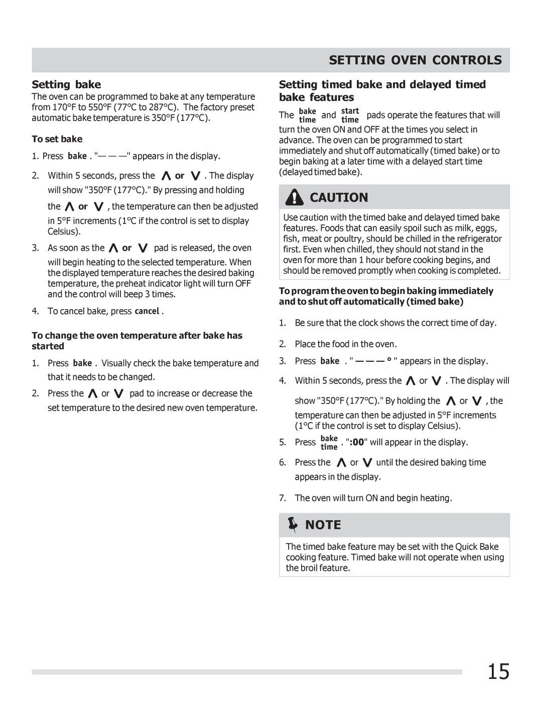 Frigidaire FGGF3030PF Setting bake, Setting timed bake and delayed timed bake features, To set bake 