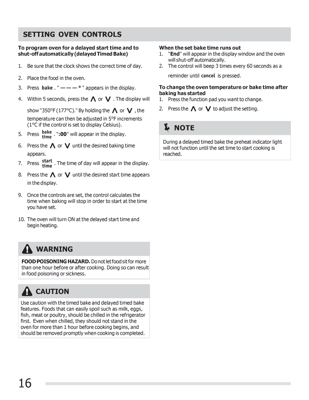 Frigidaire FGGF3030PF important safety instructions When the set bake time runs out 