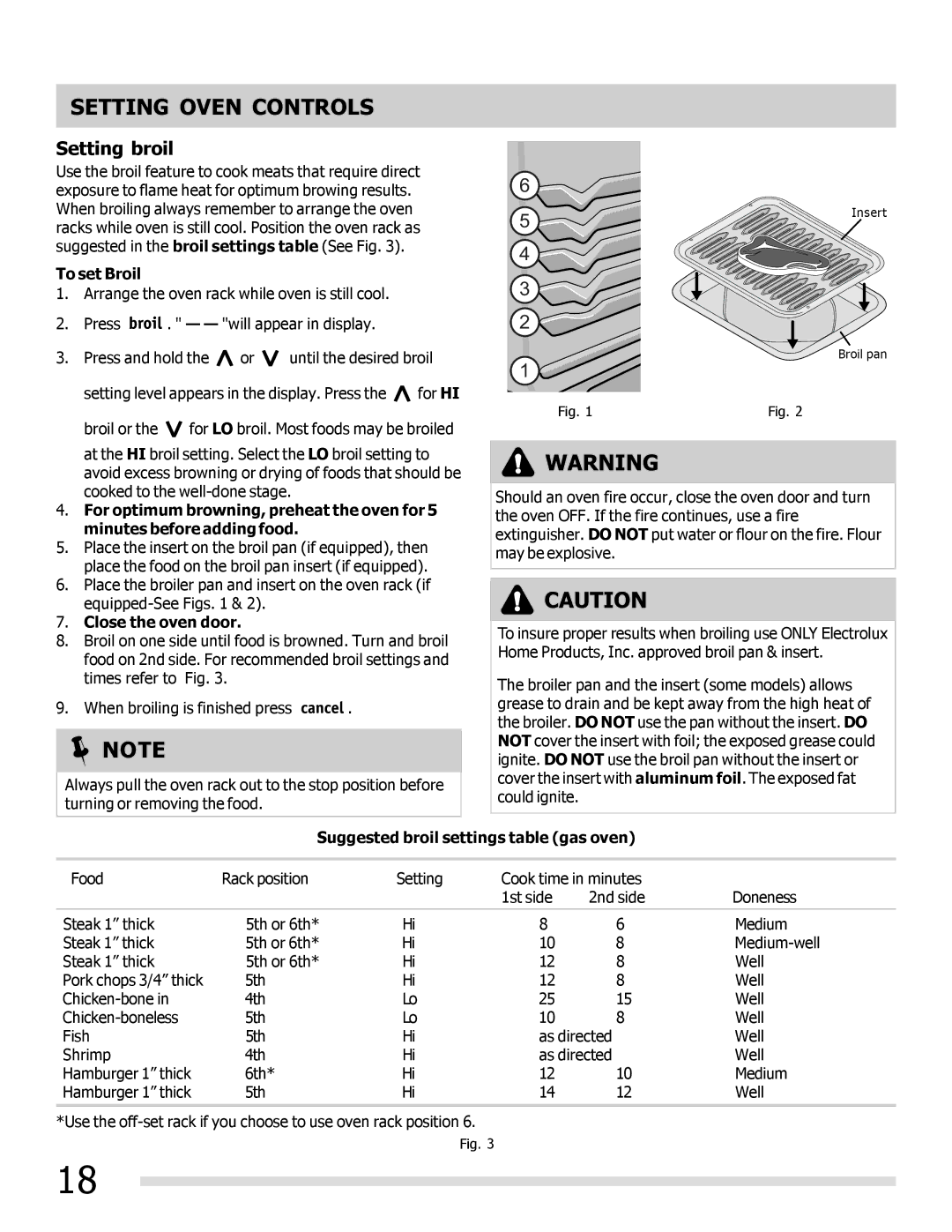 Frigidaire FGGF3030PF Setting broil, To set Broil, Close the oven door, Suggested broil settings table gas oven 