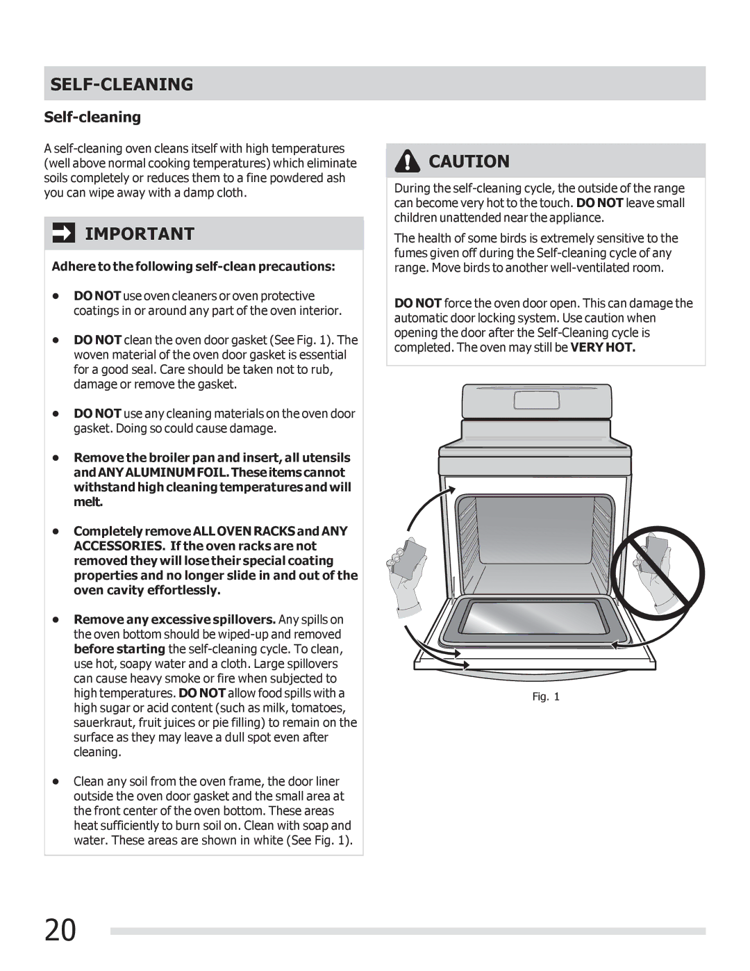 Frigidaire FGGF3030PF Self-Cleaning, Self-cleaning, Adhere to the following self-clean precautions 