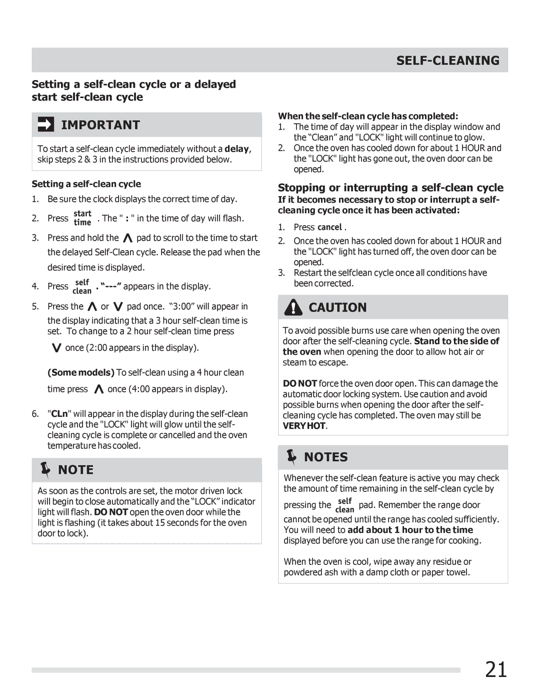 Frigidaire FGGF3030PF important safety instructions Stopping or interrupting a self-clean cycle, Setting a self-clean cycle 