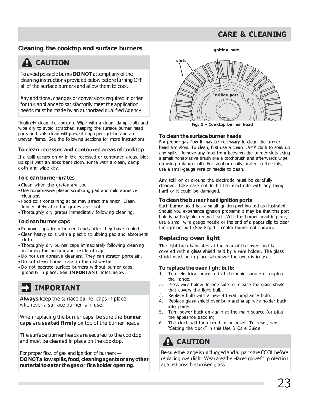 Frigidaire FGGF3030PF important safety instructions Cleaning the cooktop and surface burners, Replacing oven light 