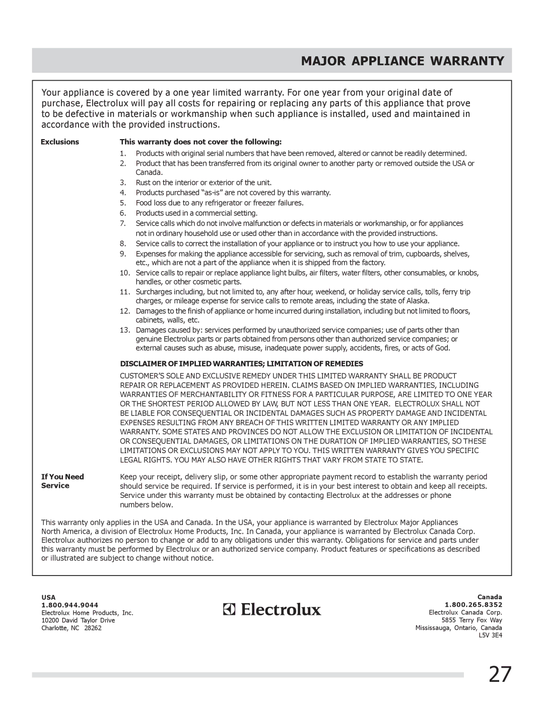 Frigidaire FGGF3030PF Major Appliance Warranty, Exclusions This warranty does not cover the following 