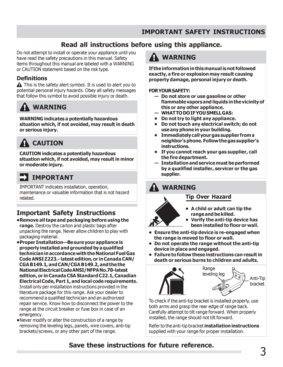 Frigidaire FGGF3030PF important safety instructions Important Safety Instructions, Definitions, Tip Over Hazard 