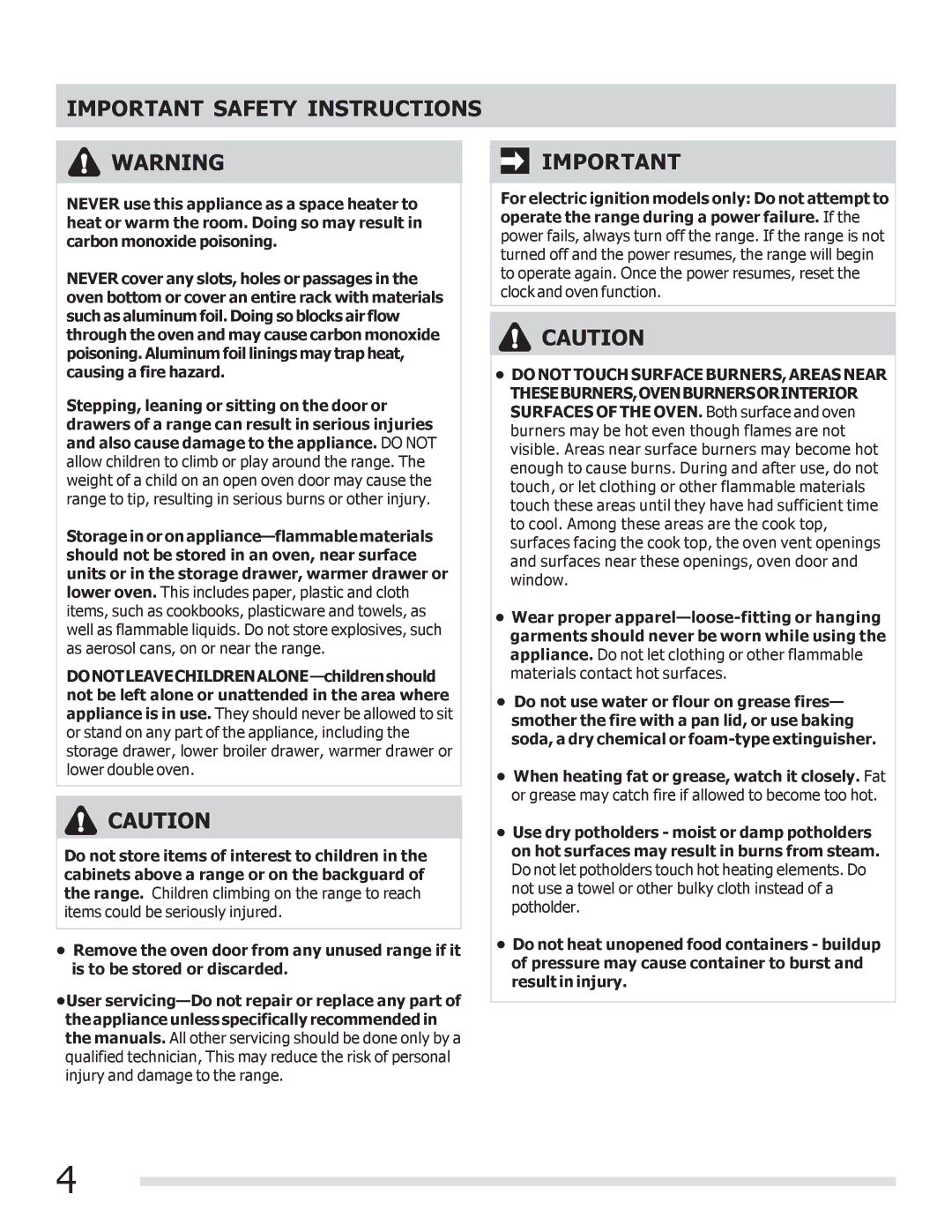 Frigidaire FGGF3030PF important safety instructions Important Safety Instructions 