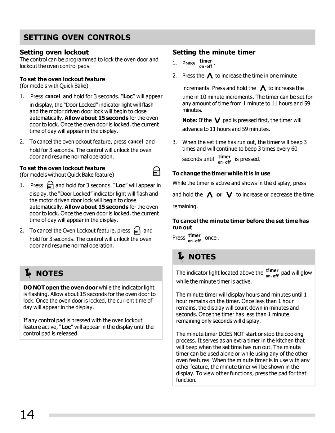 Frigidaire FGGF3031KW, FGGF3031KQ Setting oven lockout, Setting the minute timer, To change the timer while it is in use 
