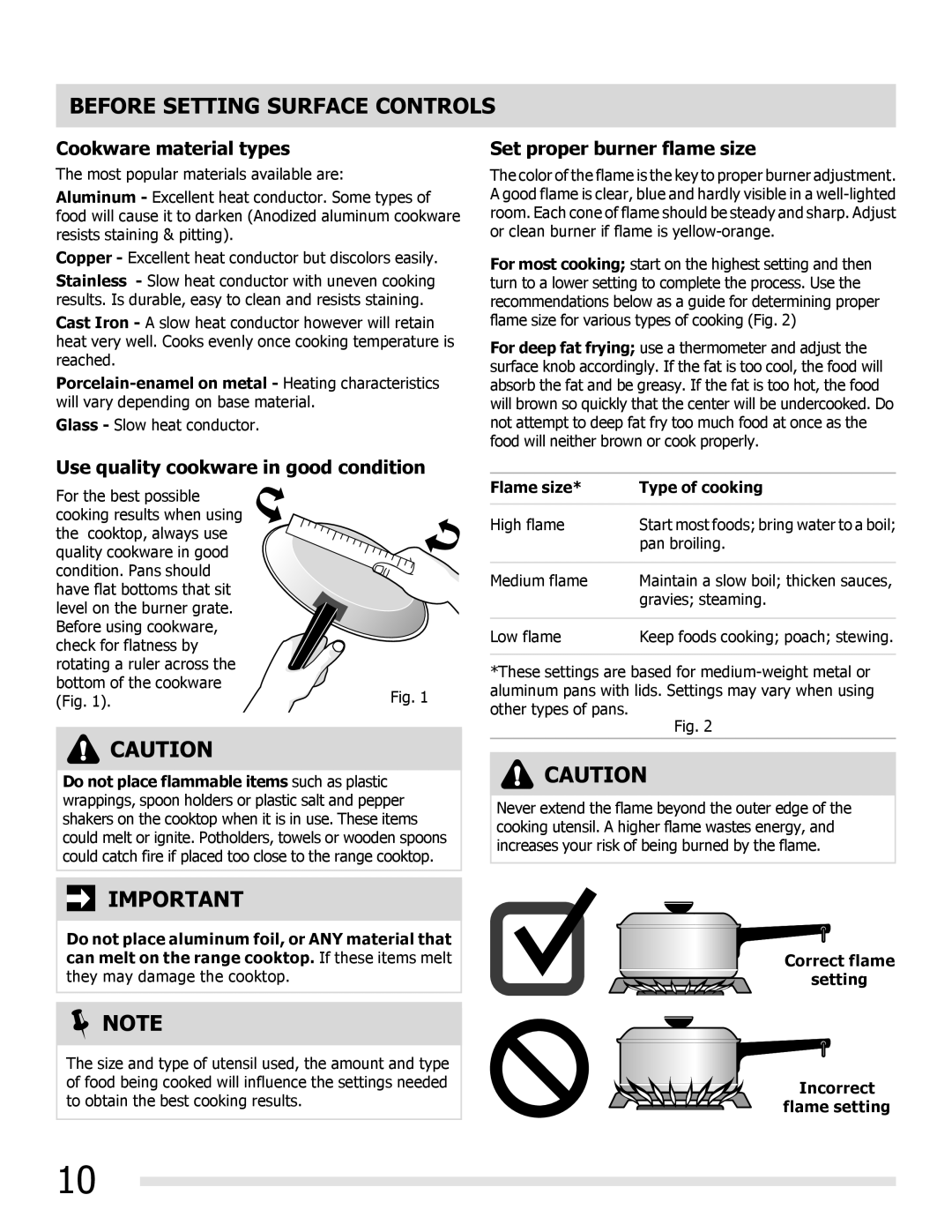 Frigidaire FGGF3032MW, FGGF3032MB Before Setting Surface Controls, Cookware material types, Set proper burner flame size 