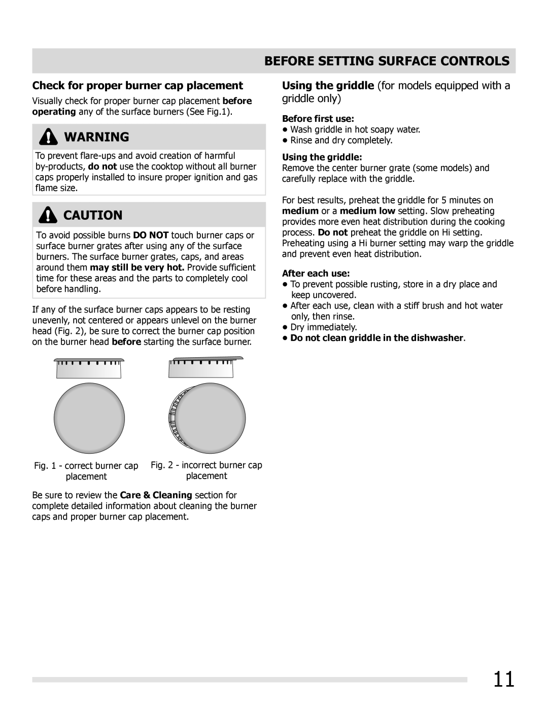 Frigidaire FGGF3032MF manual Check for proper burner cap placement, Before first use, Using the griddle, After each use 