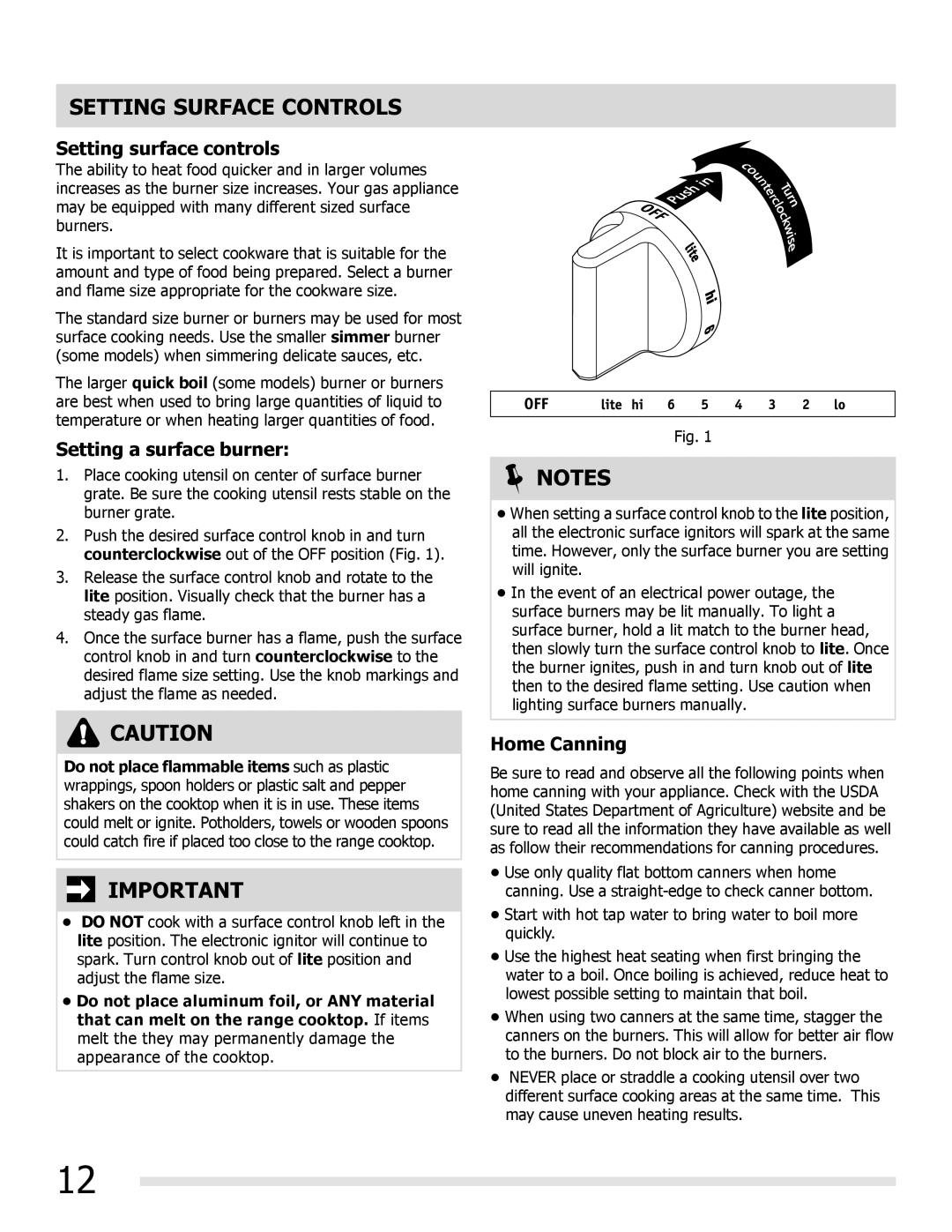 Frigidaire FGGF3032MB manual Setting Surface Controls, Setting surface controls, Setting a surface burner, Home Canning 