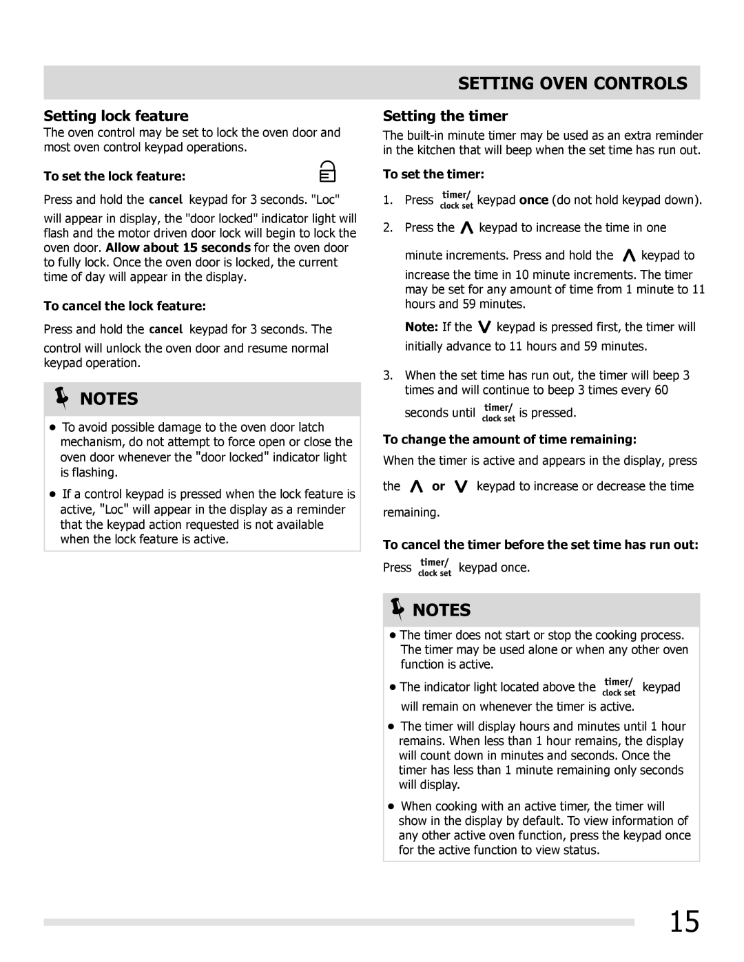 Frigidaire FGGF3032MB, FGGF3032MW, FGGF3032MF manual Setting lock feature, Setting the timer 