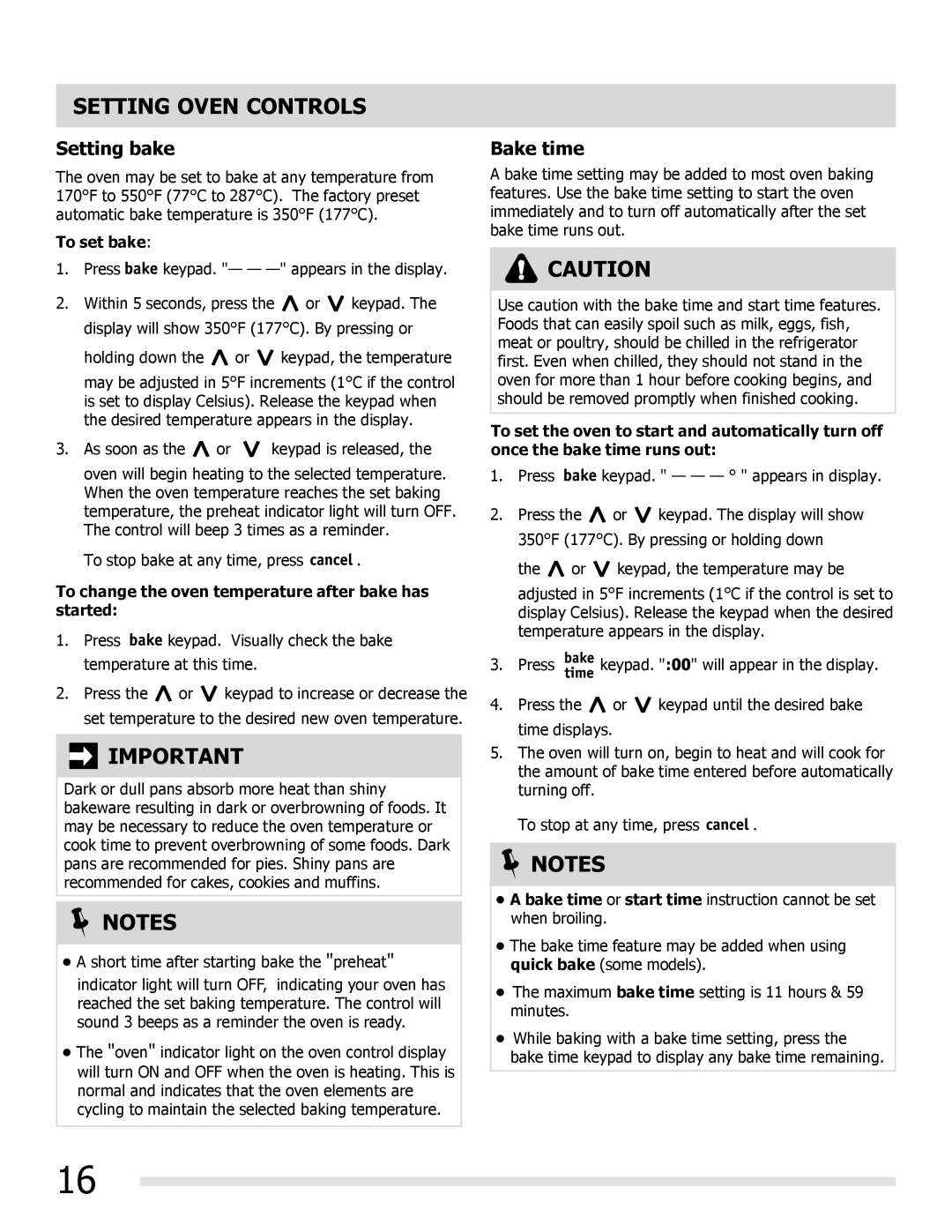 Frigidaire FGGF3032MW manual Setting bake, Bake time, To set bake, To change the oven temperature after bake has started 