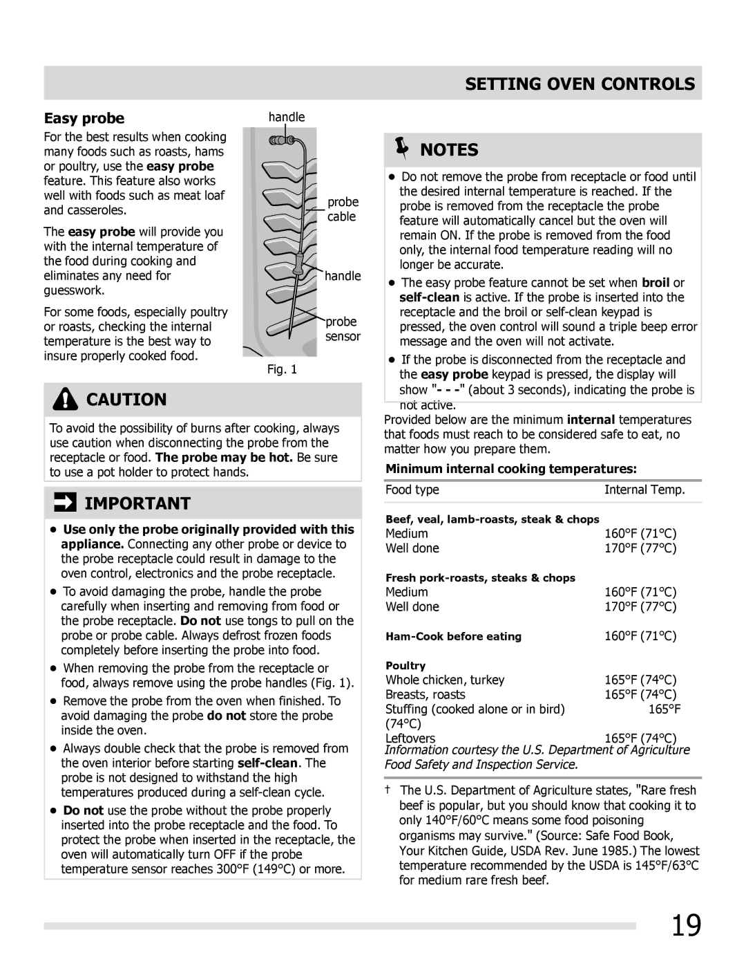 Frigidaire FGGF3032MW, FGGF3032MB, FGGF3032MF manual Easy probe, Minimum internal cooking temperatures 