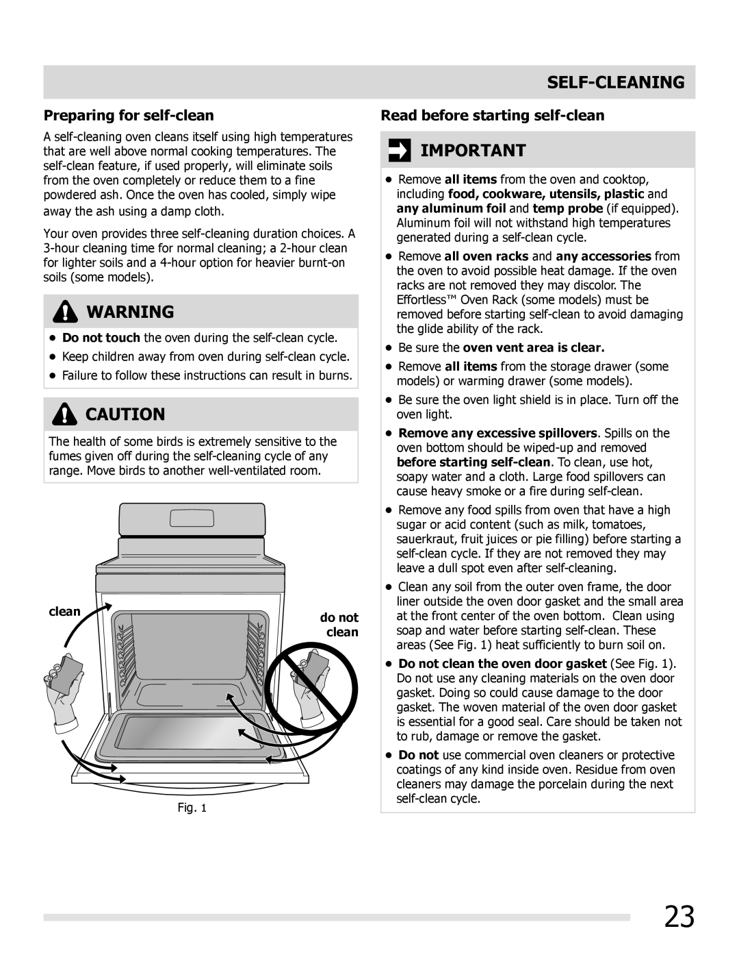 Frigidaire FGGF3032MF, FGGF3032MB Self-Cleaning, Preparing for self-clean, Read before starting self-clean, Clean Do not 