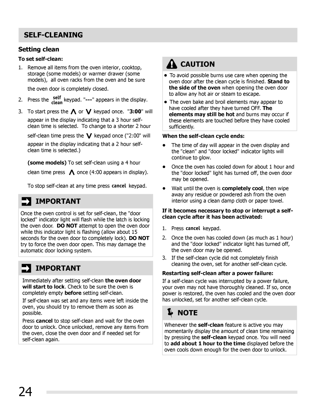 Frigidaire FGGF3032MB, FGGF3032MW, FGGF3032MF manual Setting clean, To set self-clean, When the self-clean cycle ends 