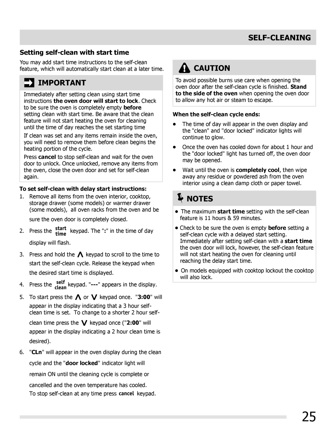 Frigidaire FGGF3032MW, FGGF3032MB manual Setting self-clean with start time, To set self-clean with delay start instructions 