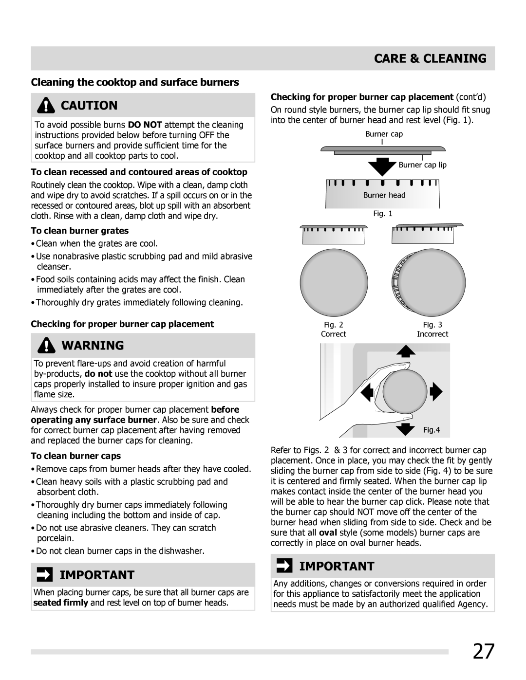 Frigidaire FGGF3032MB, FGGF3032MW, FGGF3032MF manual Cleaning the cooktop and surface burners 