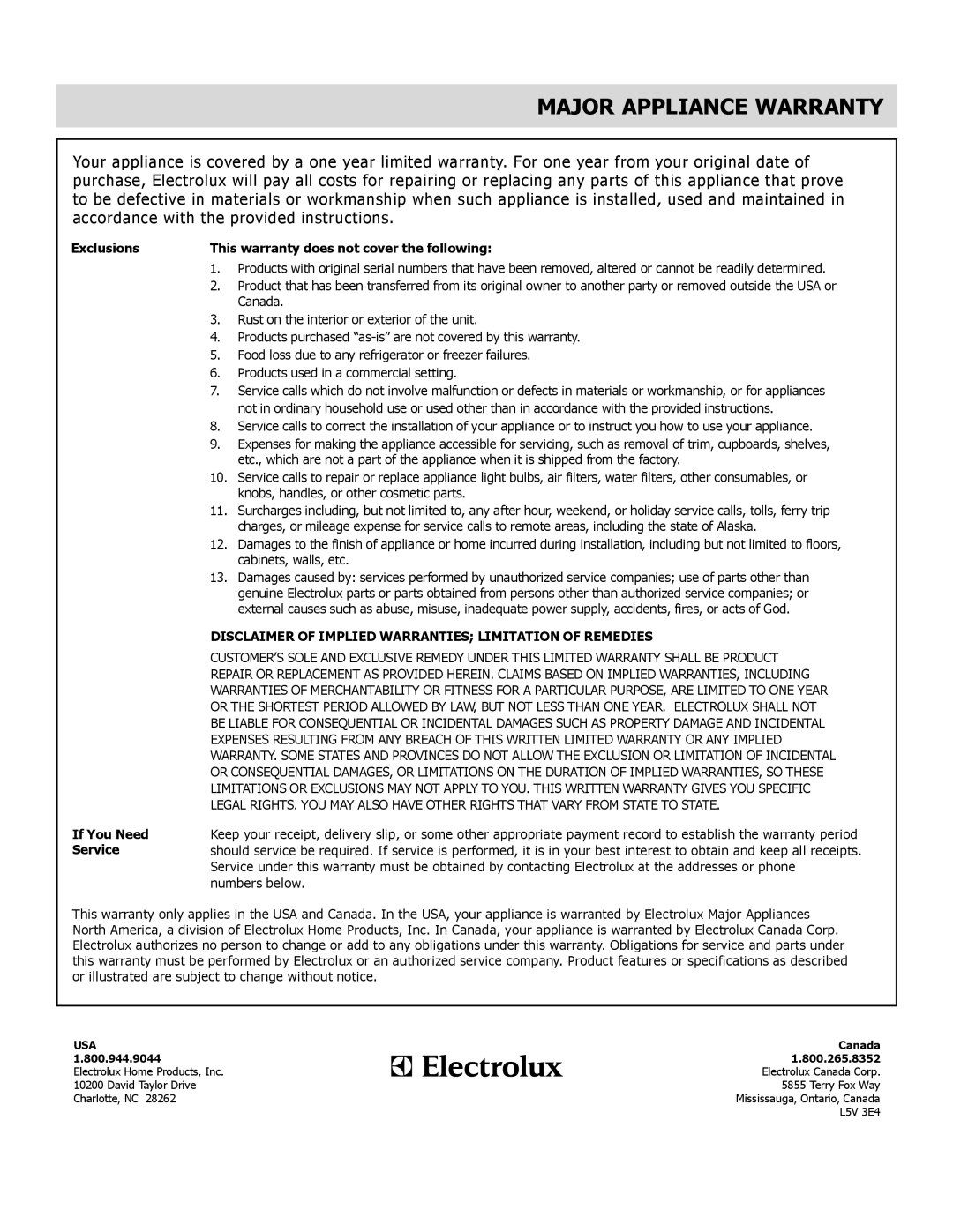 Frigidaire FGGF3032MB, FGGF3032MW manual Major Appliance Warranty, Exclusions This warranty does not cover the following 