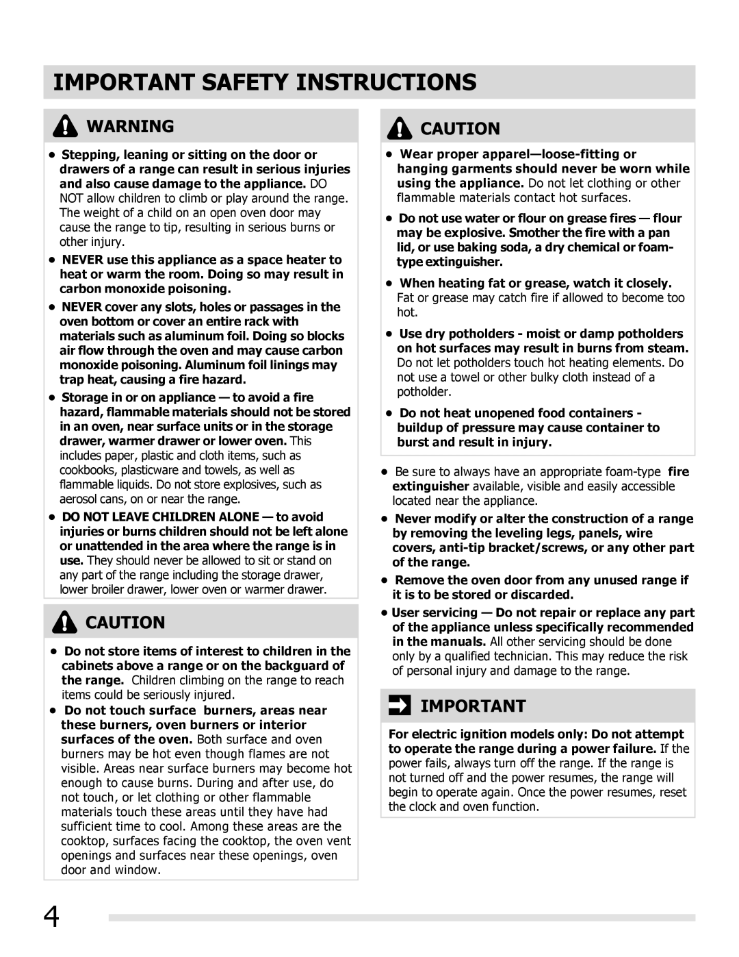 Frigidaire FGGF3032MW, FGGF3032MB, FGGF3032MF manual Important Safety Instructions 